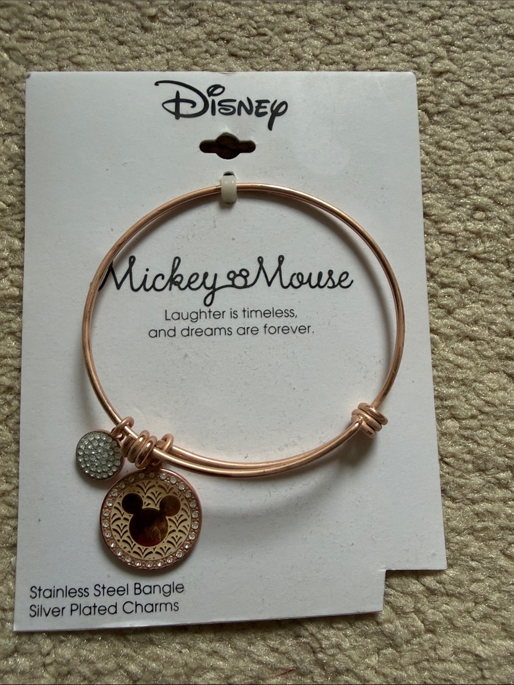 Disney Rose Gold Bangle Bracelet with Mickey Charm and Crystal Accent